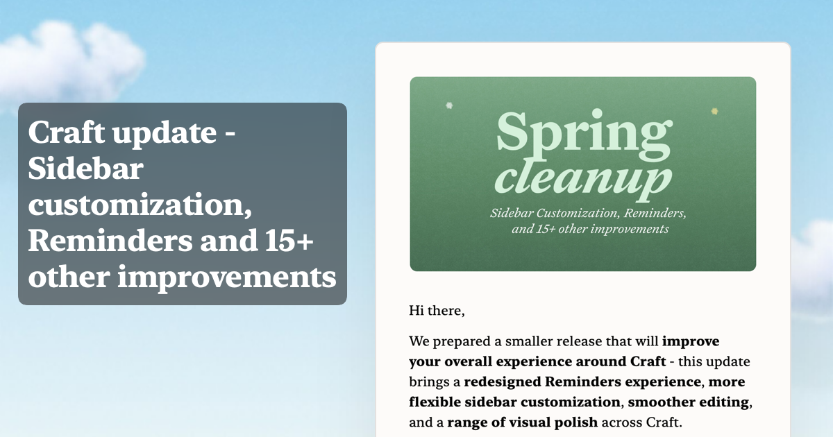 Craft update - Sidebar customization, Reminders and 15+ other improvements
